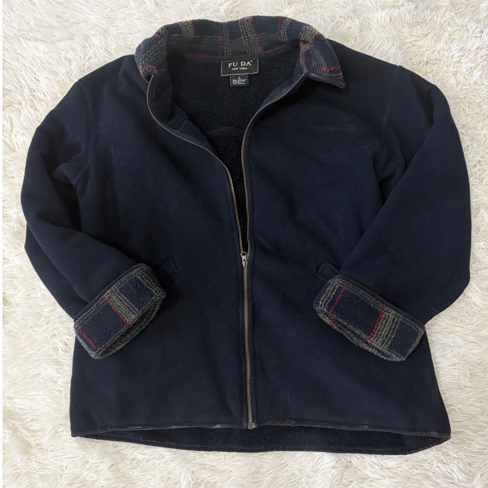 Fu Da New York Mens L Fleece‎ Lined Jacket Coat Blue Plaid Collar Casual
